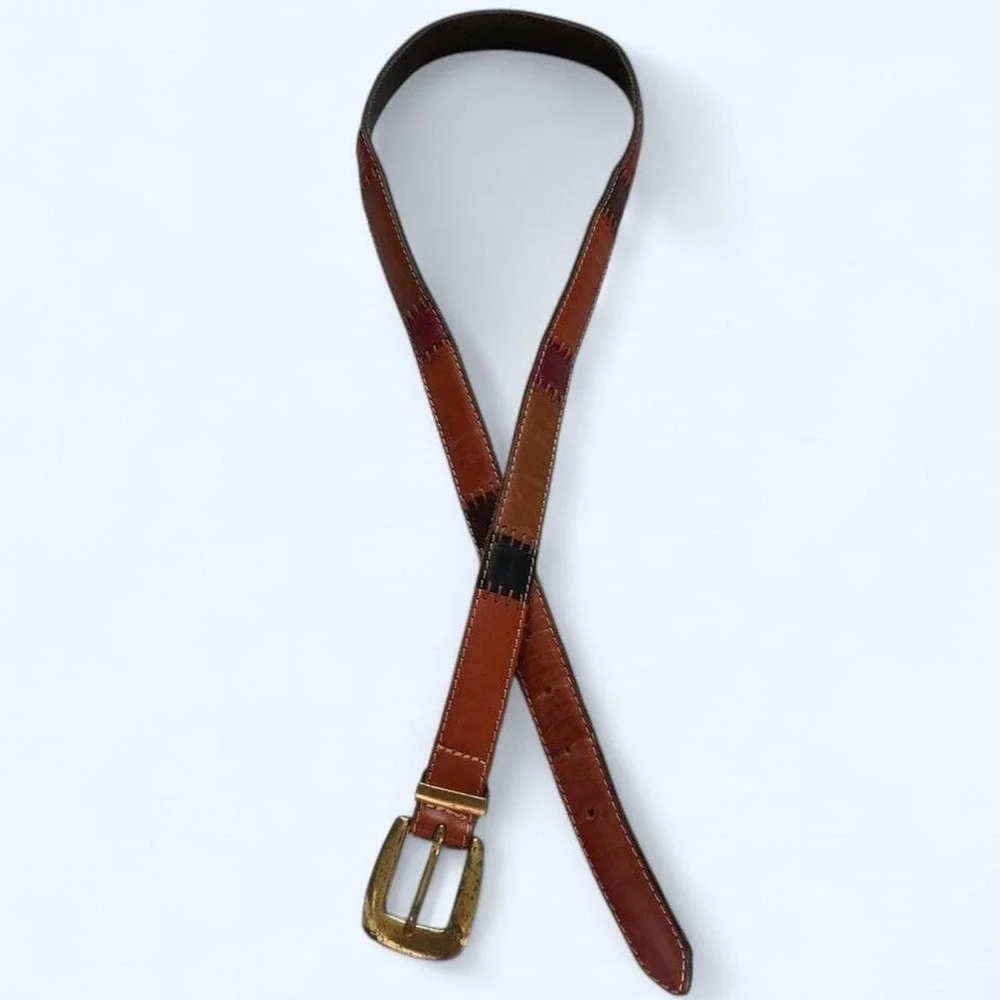 Patchwork leather belt with brass buckle size XL by Fossil